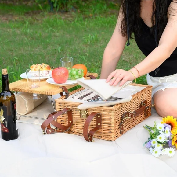 Multifunctional Wicker Picnic Basket Set for 2 with Blanket & Picnic Table - Picture 9 of 11